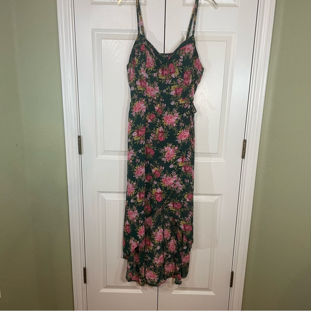 Floral Spaghetti Strap Midi Dress - Green and Pink High-Low Lily Rose Size XL